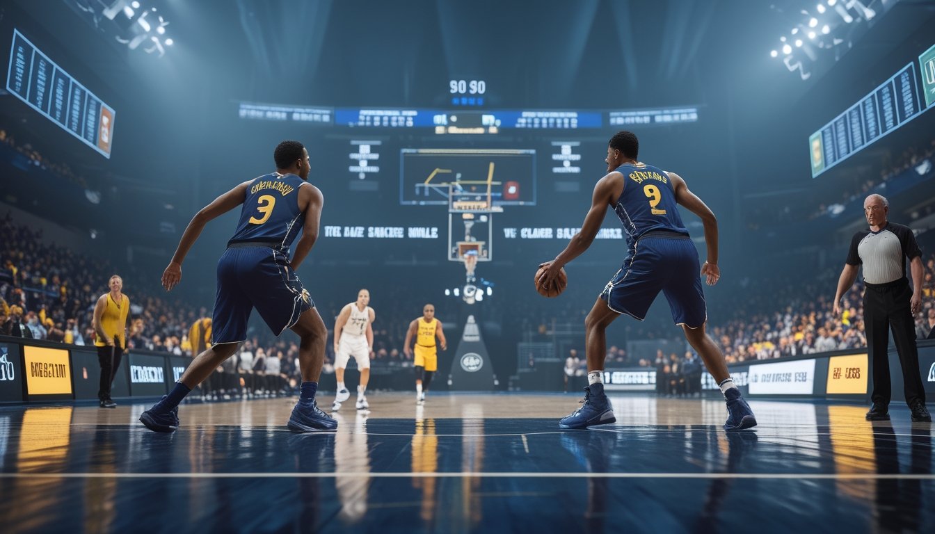 Dua tim basket bertanding sengit di lapangan dalam arena.