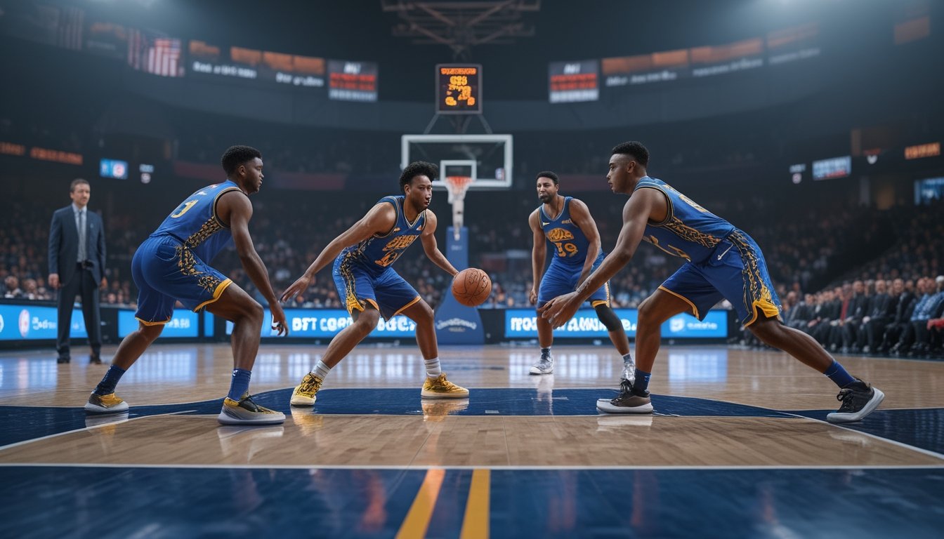 Dua tim basket bertanding sengit di lapangan dalam arena.