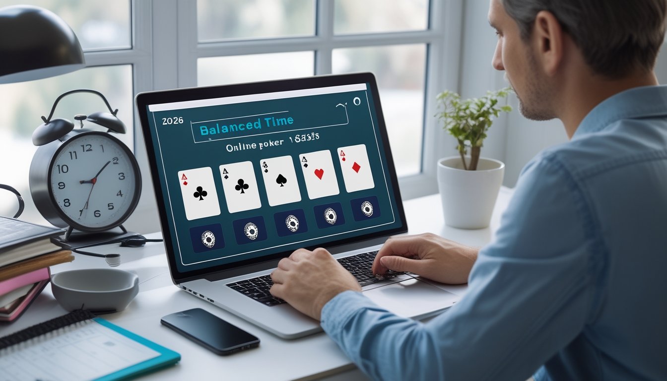 Seseorang mengatur waktu belajar permainan poker online di meja kerja dengan laptop, jam, dan perencana.