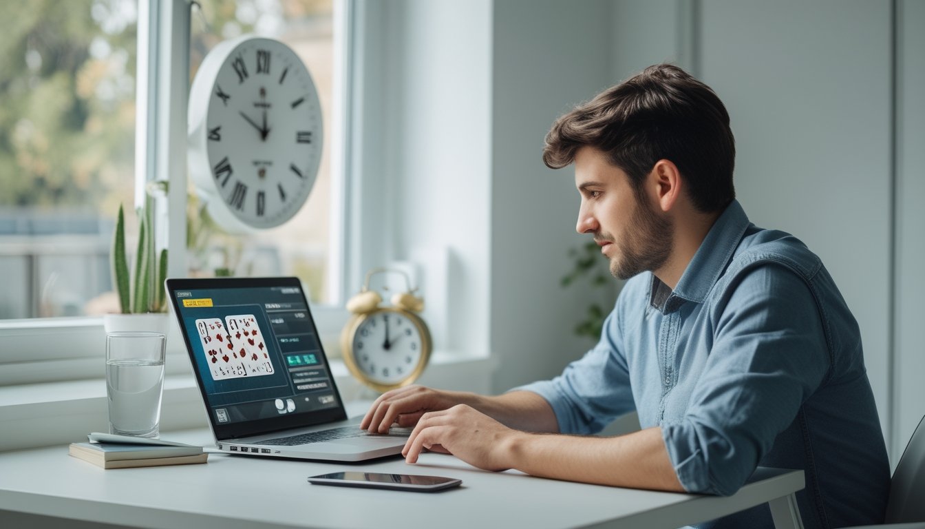 Seseorang mengatur waktu belajar poker online di depan laptop dengan jam dan agenda di meja.