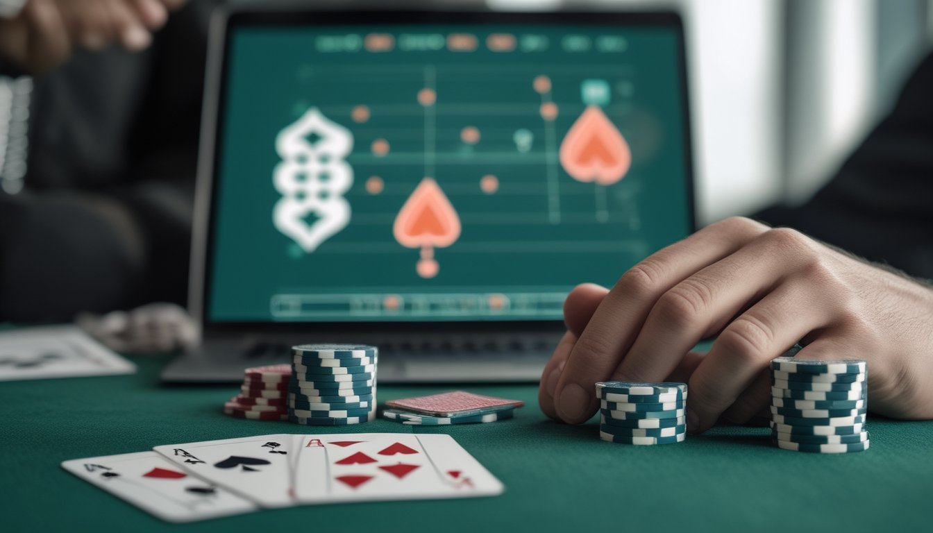 Kartu poker dan tumpukan chip tersusun di atas meja hijau, dengan laptop di latar belakang.