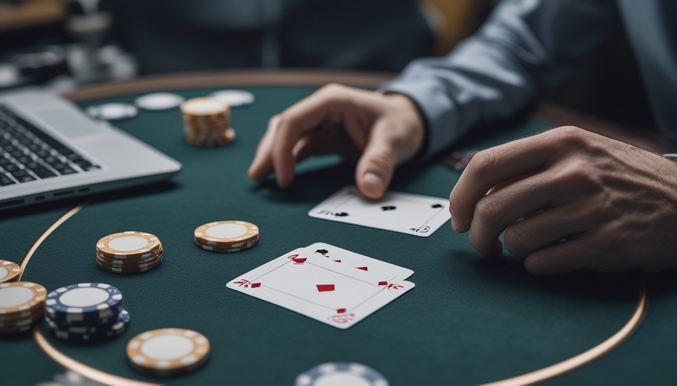 Seseorang mengamati kartu poker dan keping taruhan di atas meja.
