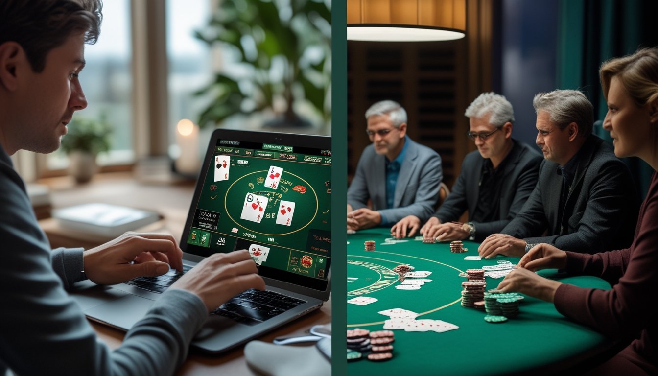 Seseorang bermain poker melalui laptop berdampingan dengan sekelompok orang yang bermain poker di meja.