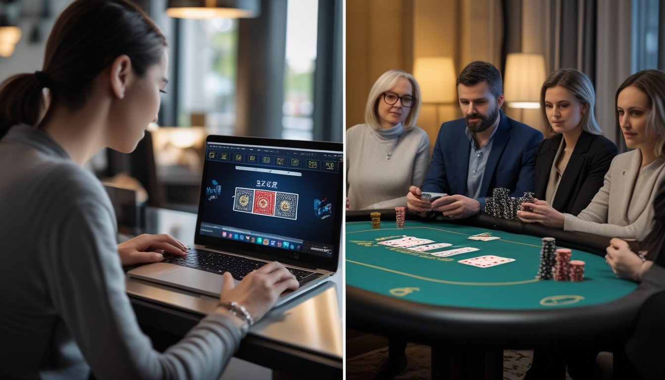 Seseorang bermain poker melalui laptop berdampingan dengan sekelompok orang yang bermain poker di meja.