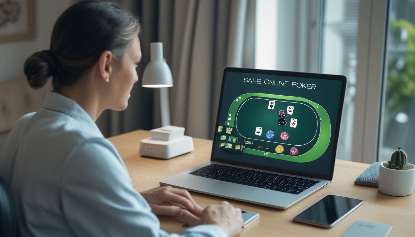Seseorang memeriksa permainan poker daring di laptop dengan simbol keamanan di layar.