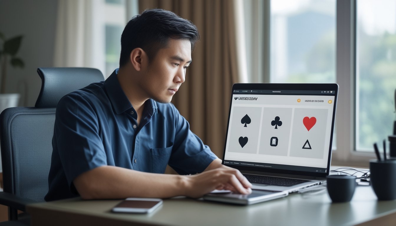 Seorang pengguna Indonesia memeriksa tampilan poker daring di laptop dengan ponsel di dekatnya.