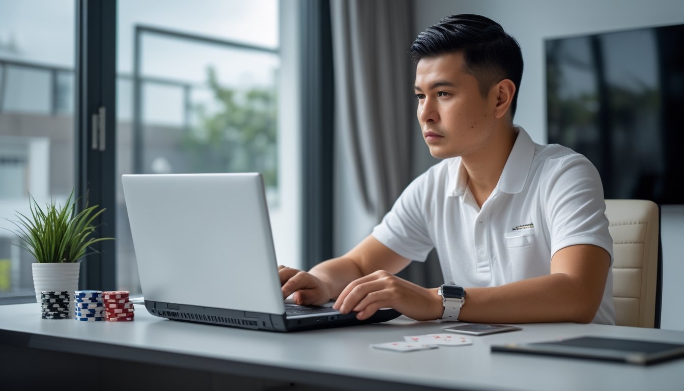 Seorang dewasa Indonesia duduk di meja dengan laptop, kartu remi, dan keping poker.