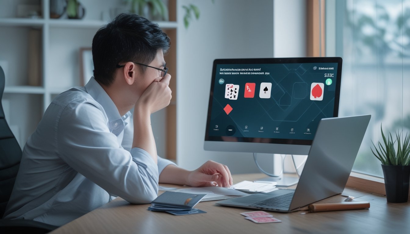 Seorang pemain mempelajari kartu dan chip poker di depan laptop.