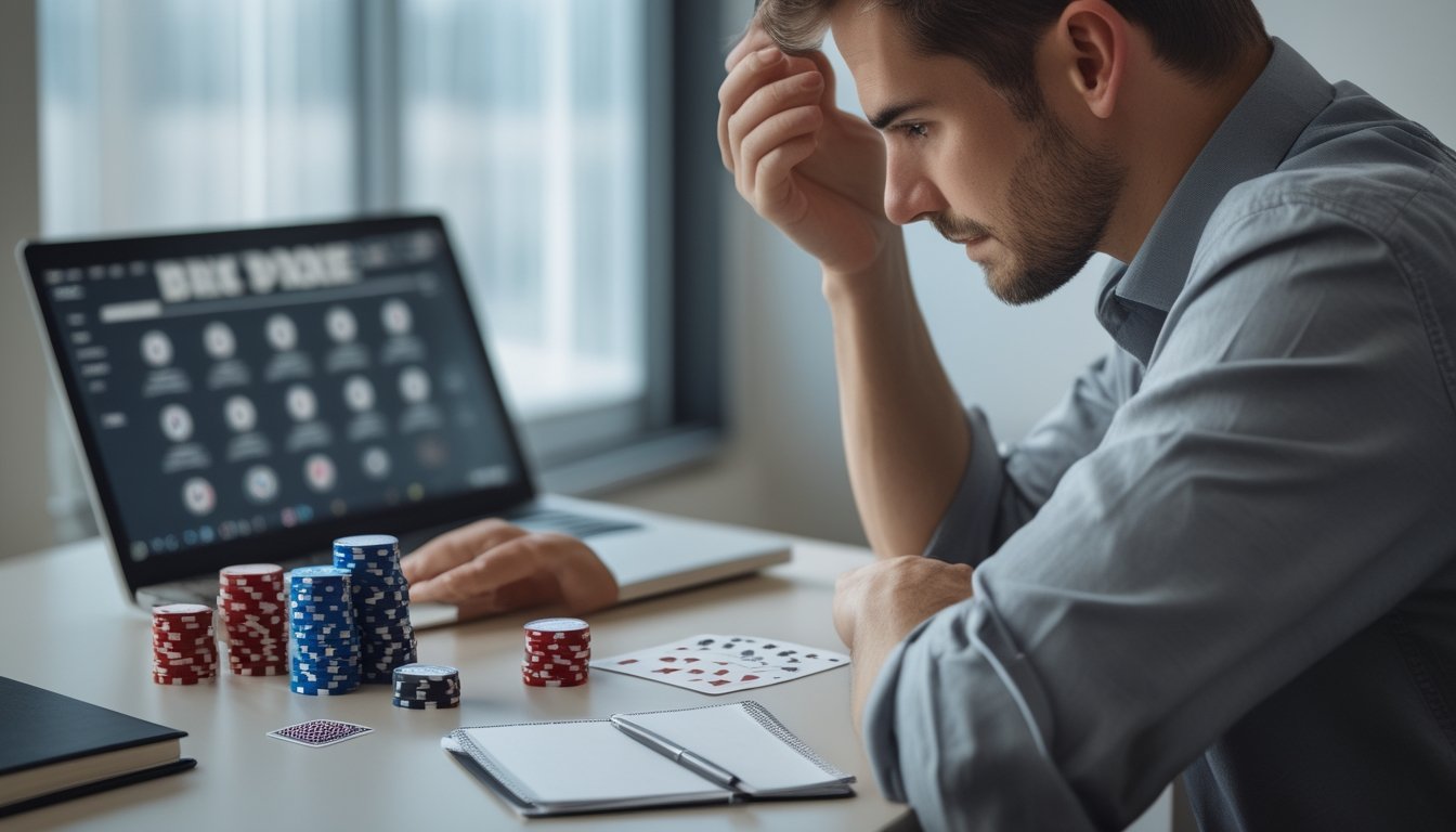 Seorang pemula mempelajari kartu dan keping poker di meja dengan laptop di dekatnya.