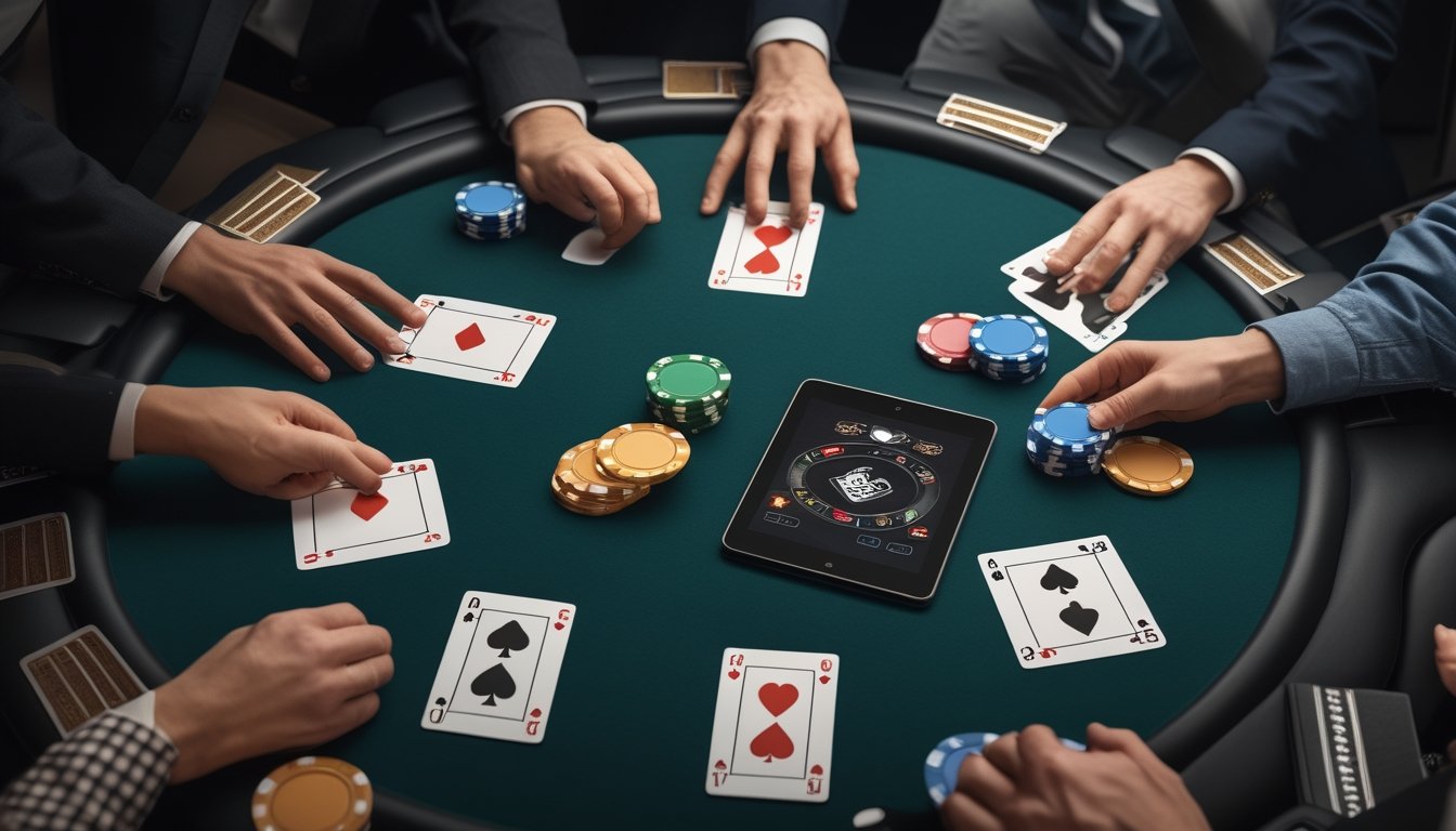 Meja poker dengan kartu, tumpukan chip, dan tablet yang menampilkan permainan poker.