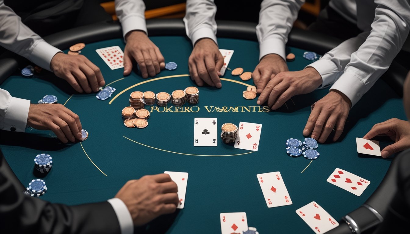 Beberapa pemain membandingkan susunan kartu dan keping poker di meja.
