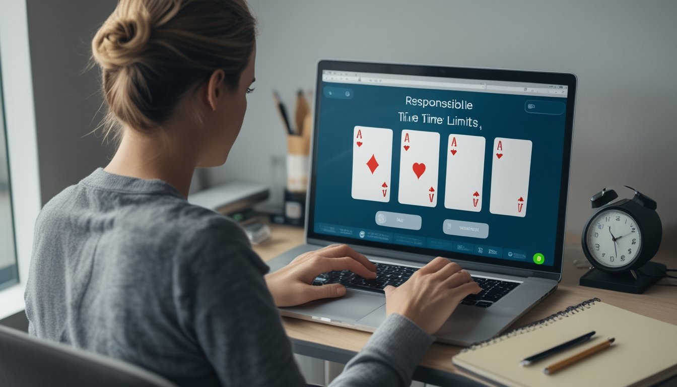 Seseorang meninjau permainan poker daring di laptop sambil menggunakan jam dan buku catatan untuk mengatur waktu serta dana.