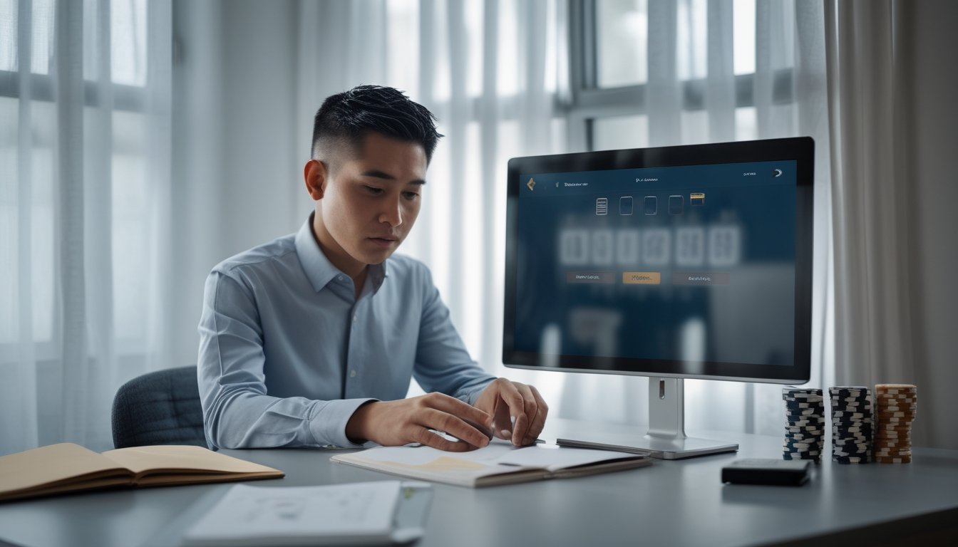Seseorang memeriksa jam dan anggaran sebelum bermain poker daring di laptop.