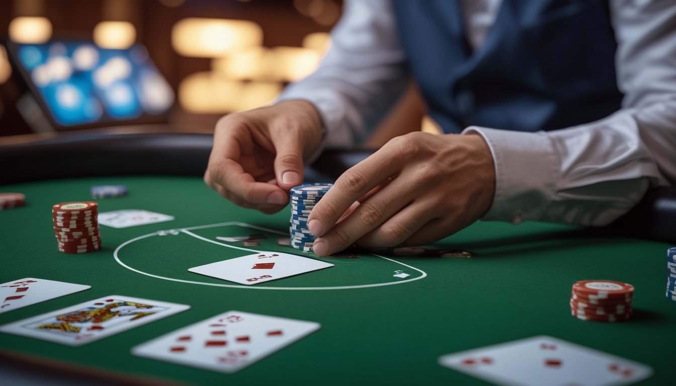 Tangan pemain menyusun kartu dan keping poker di atas meja hijau.