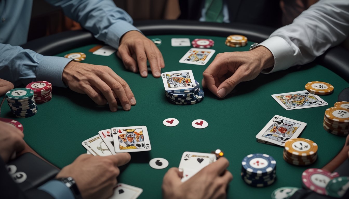Pemain poker menaruh keping taruhan di meja Texas Hold'em dengan kartu komunitas di tengah.