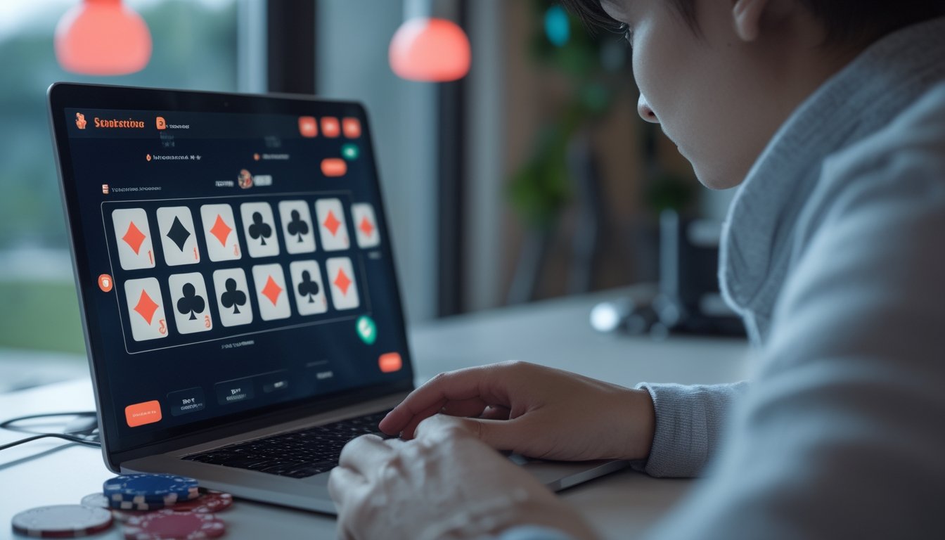 Seseorang menggunakan laptop untuk bermain poker daring sambil memeriksa keamanan akun melalui ponsel.