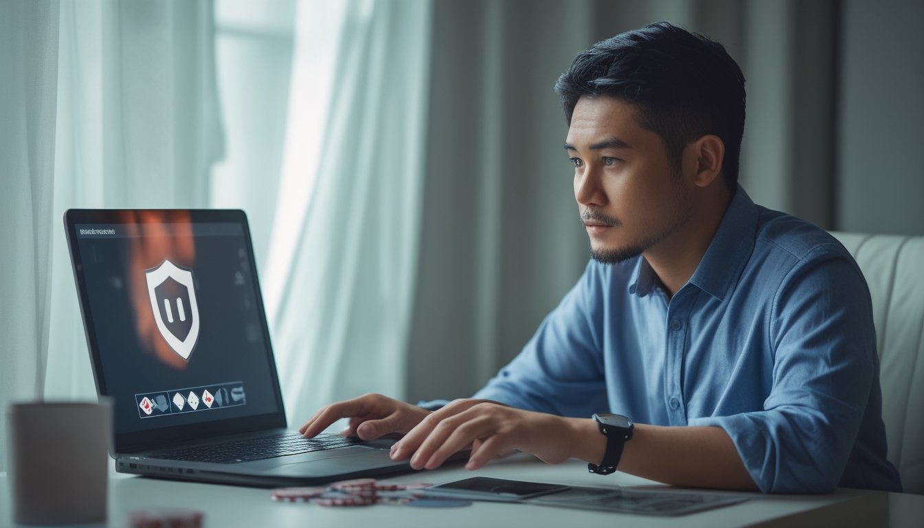 Seorang pria memeriksa laptop dan ponsel di meja dengan kartu poker serta simbol keamanan.