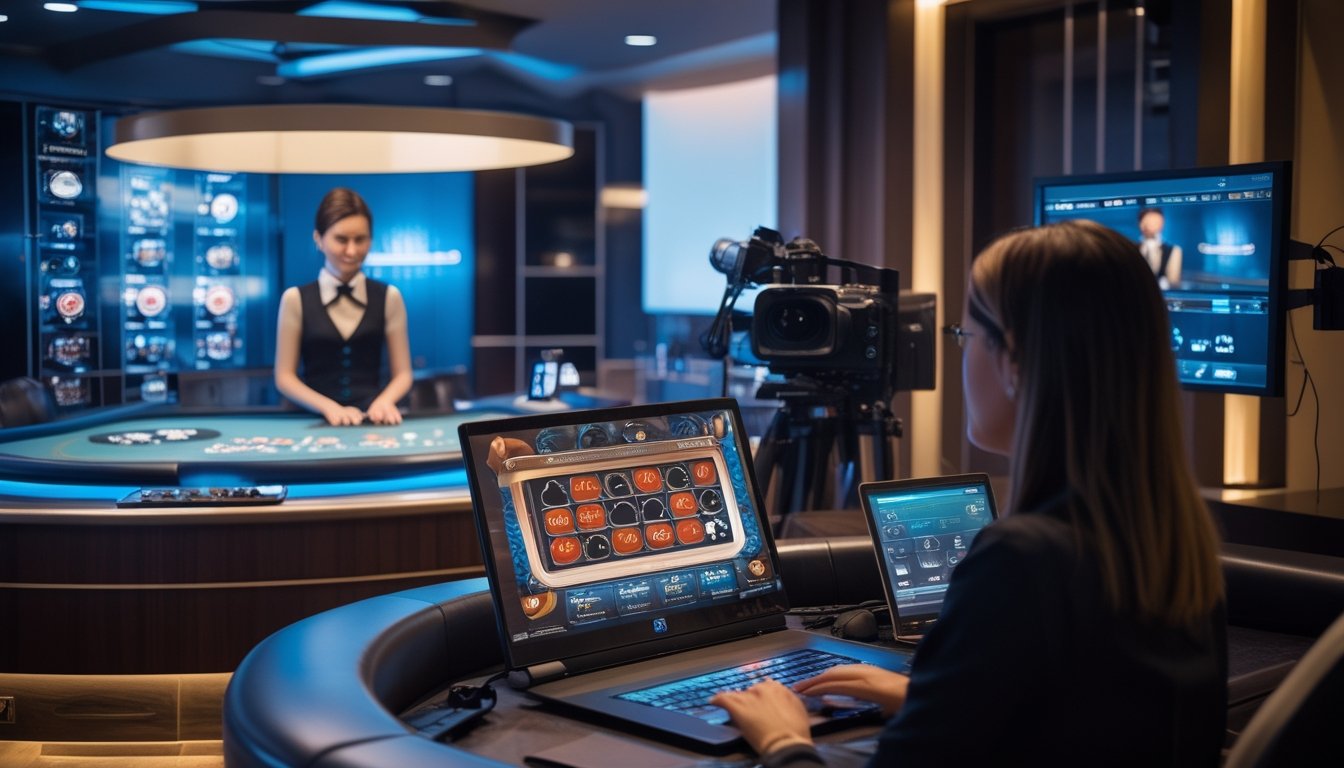 Seorang pemain menonton dealer langsung di meja roulette melalui layar perangkat.