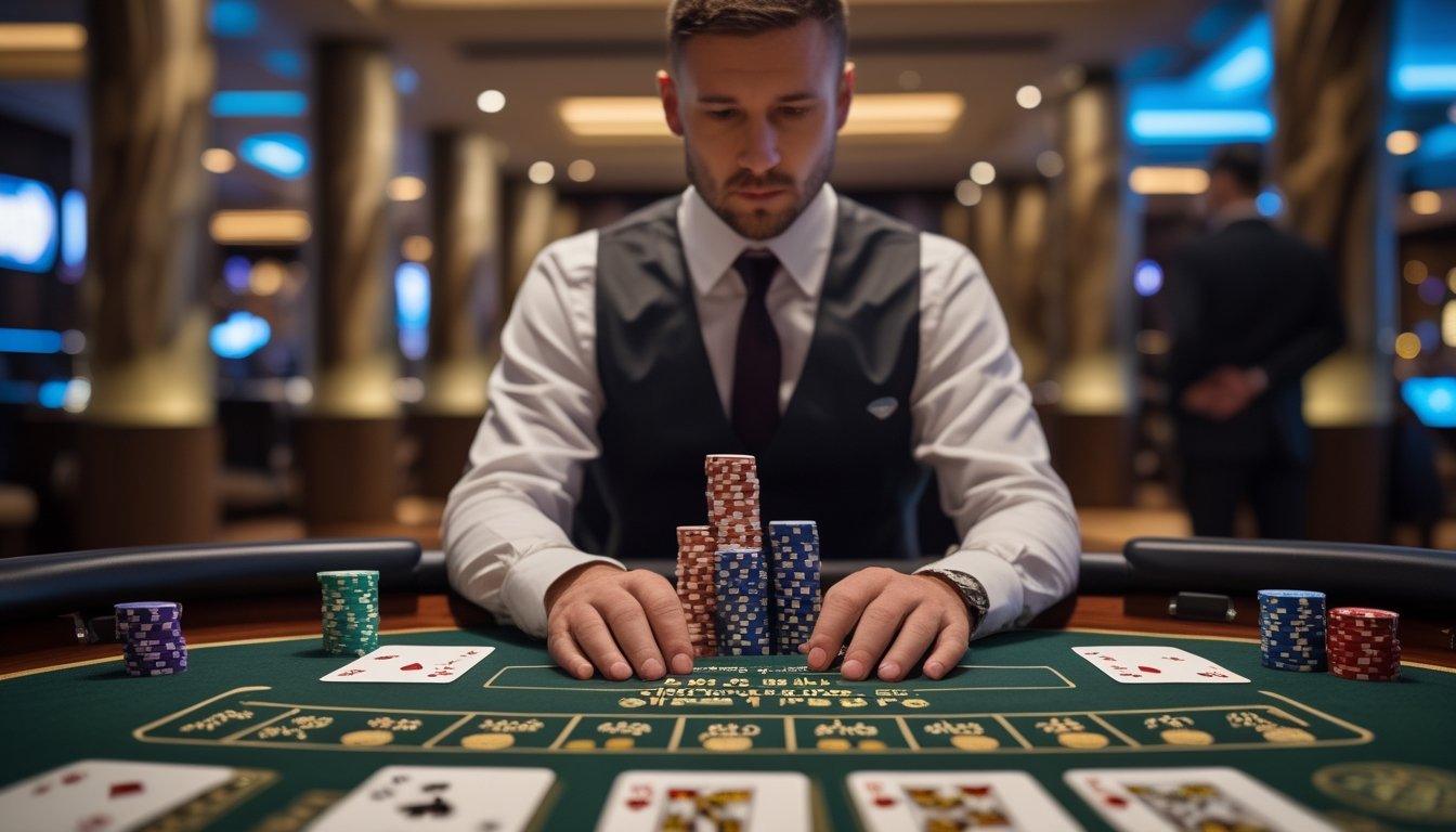 Seorang pemain membandingkan permainan kartu dan roulette di meja kasino.