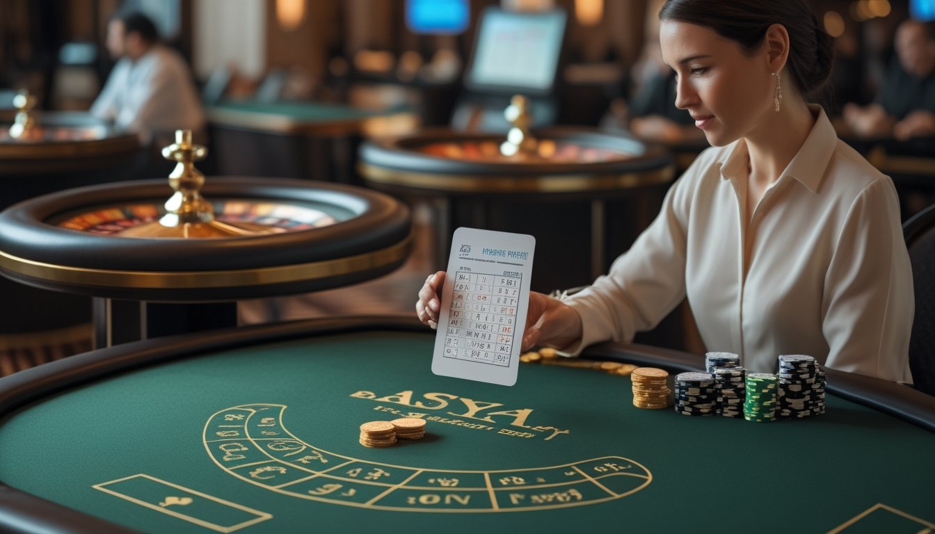Seorang pengunjung membandingkan permainan blackjack, roulette, dan baccarat di kasino.