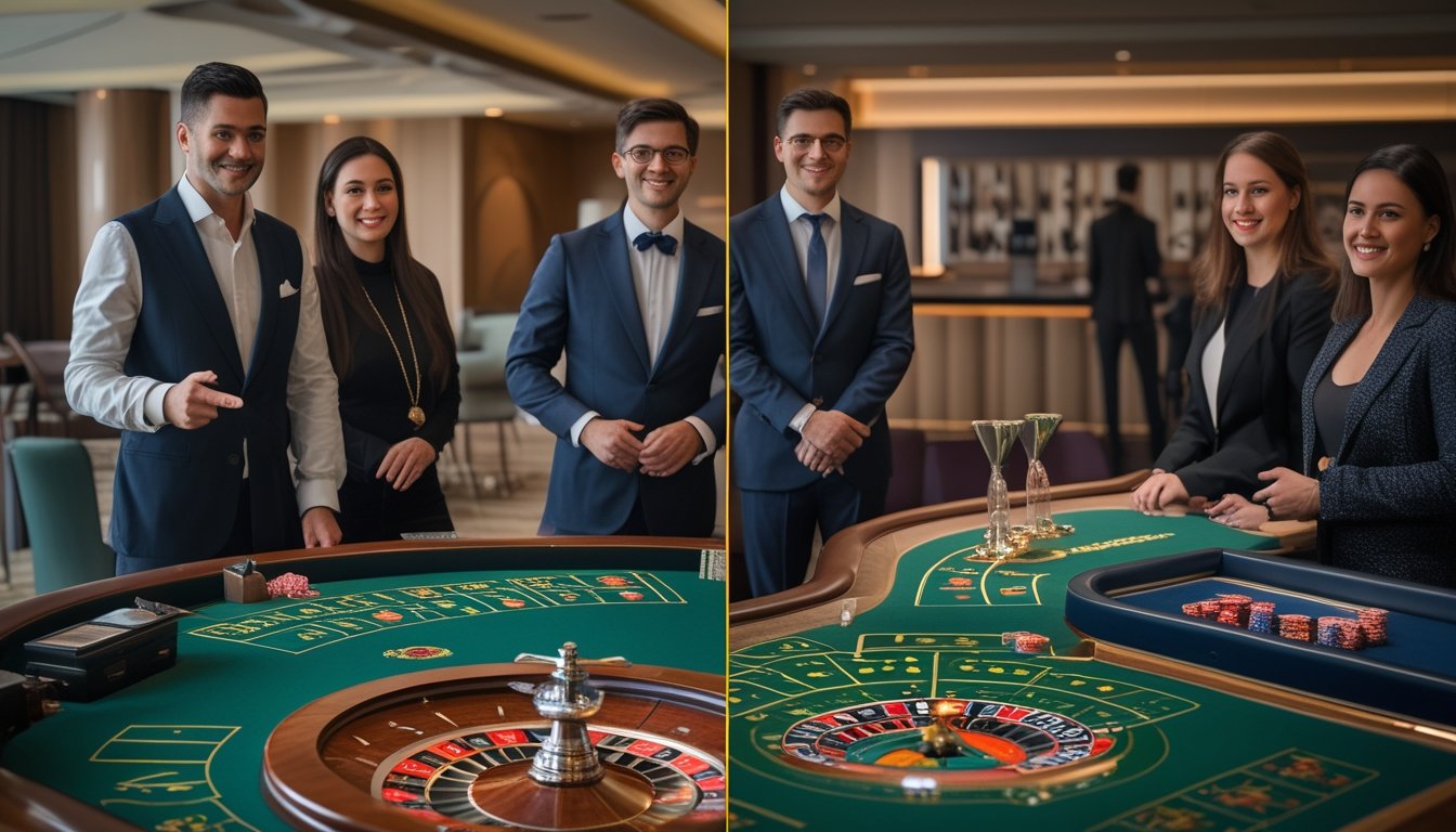 Pengunjung mengamati meja roulette dan baccarat di kasino.