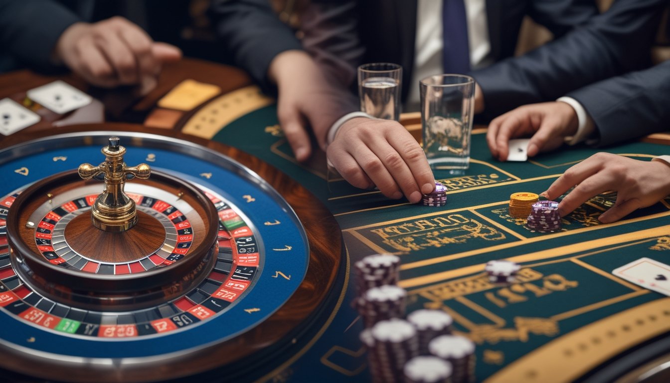 Seorang pemula mengamati dealer yang memainkan roulette dan baccarat di meja kasino.