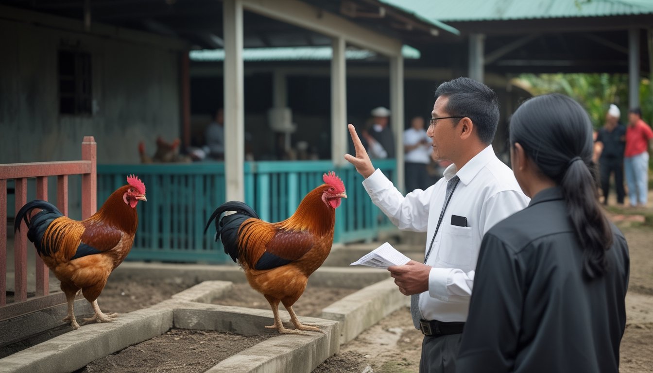 Seorang petugas hukum berbicara dengan warga di dekat kandang ayam dalam suasana pertemuan di pedesaan.