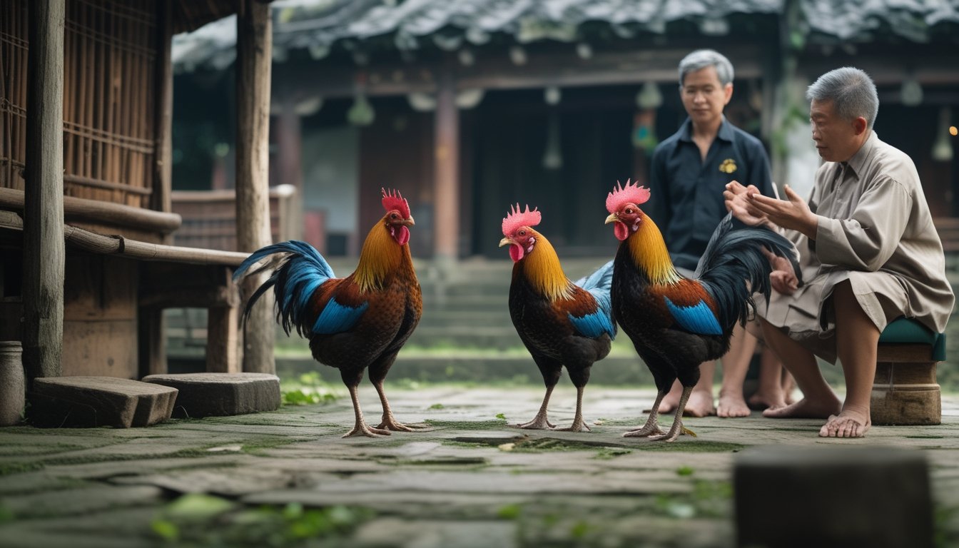 Dua ayam jantan berdiri tenang di halaman desa sementara seorang tetua menceritakan tradisi kepada sekelompok anak muda.