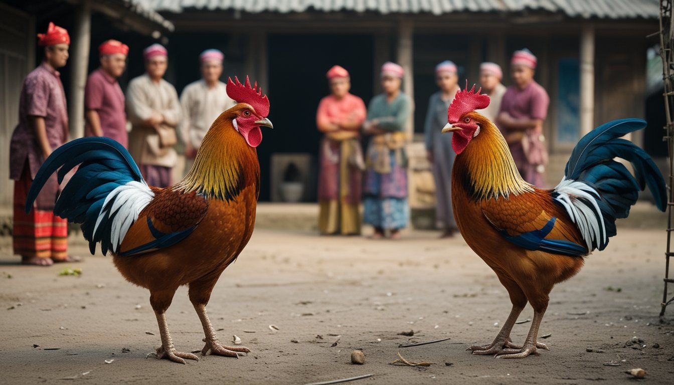 Dua ayam jantan dipegang terpisah saat warga berkumpul di halaman desa.
