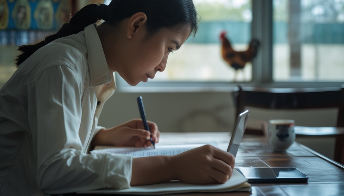 Seseorang mengamati buku catatan dan ponsel dengan ekspresi serius, sementara siluet ayam tampak samar di latar belakang.