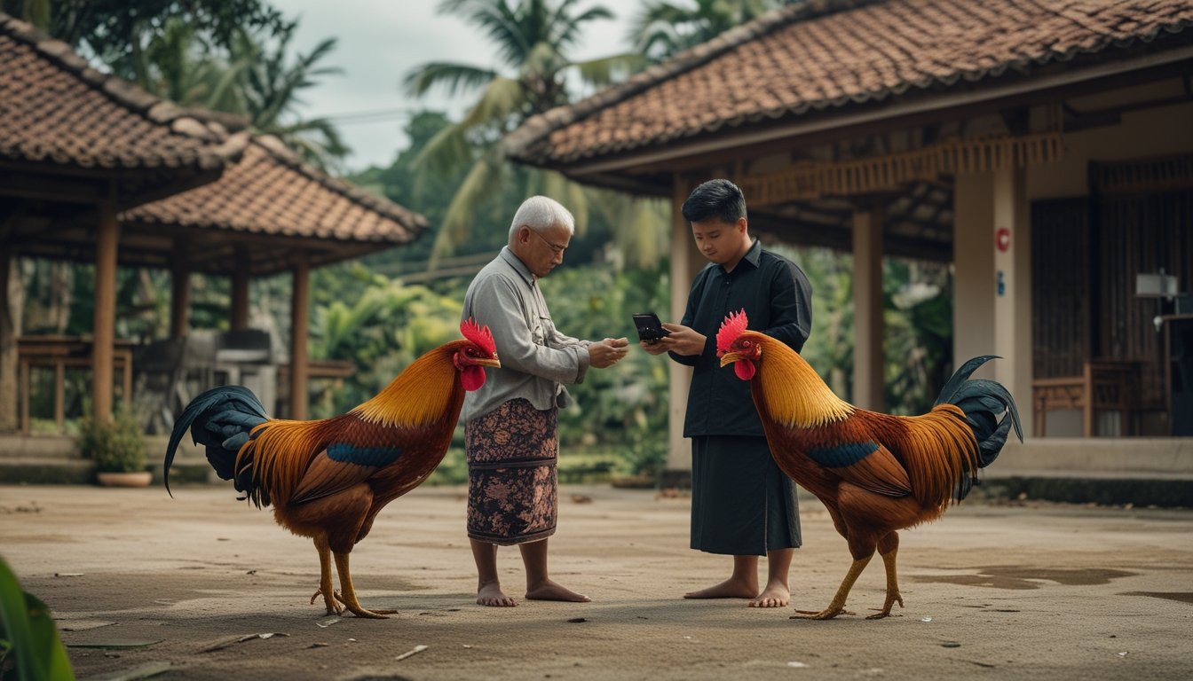 Seorang perajin merawat ayam jantan sementara seorang pemuda merekamnya dengan ponsel di halaman desa.