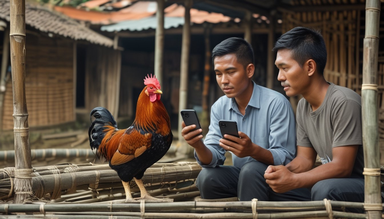 Seorang warga lanjut usia dan seorang dewasa muda melihat ponsel di dekat ayam yang berada di kandang.