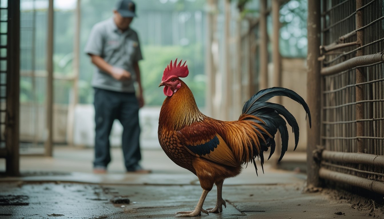 Seekor ayam jantan berdiri tenang di kandang, sementara petugas memperhatikan kesejahteraannya.