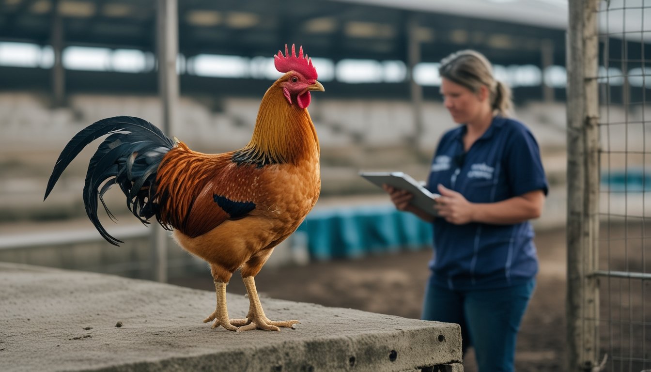 Seekor ayam jantan berdiri di kandang sementara petugas kesejahteraan hewan mengamatinya.