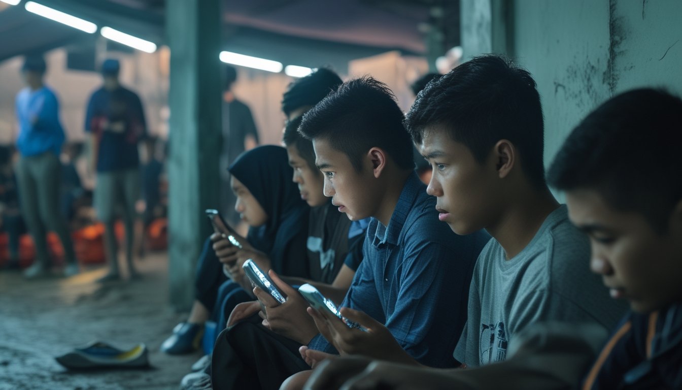 Sejumlah anak muda melihat ponsel di dekat arena sabung ayam yang tampak samar.