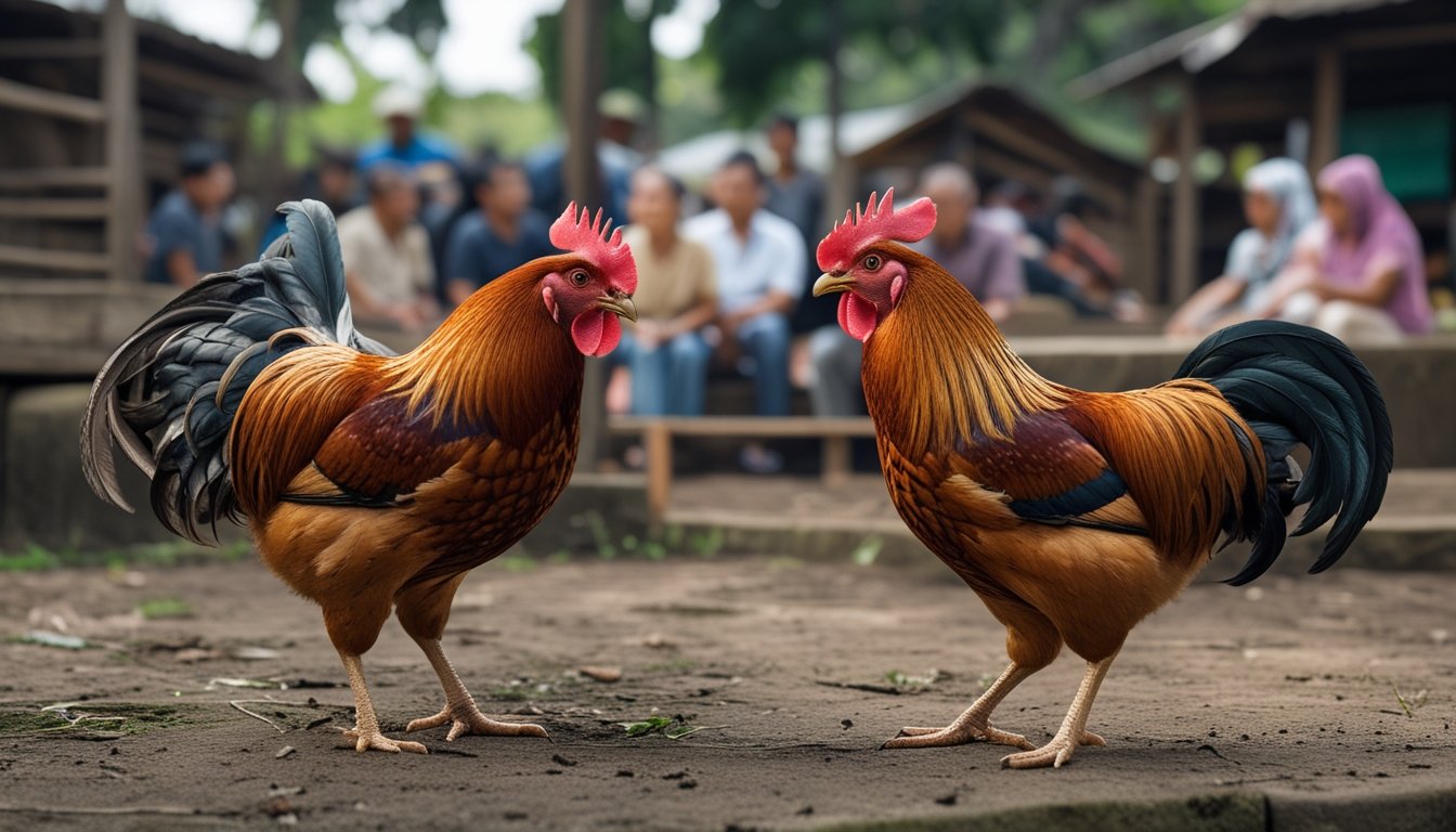 Dua ayam jantan berada di kandang terpisah, sementara beberapa orang berbincang di latar belakang.