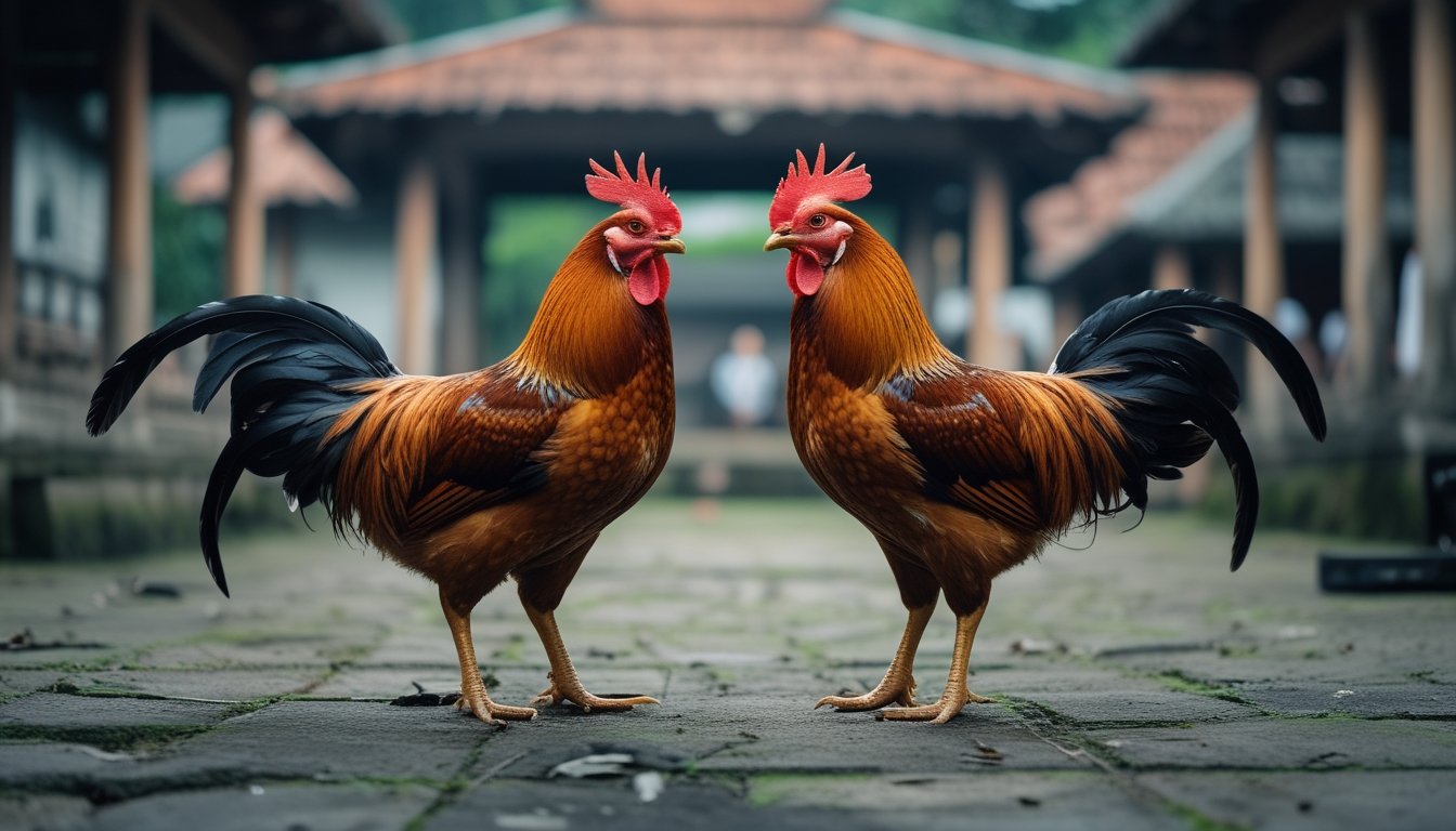 Dua ayam jantan berdiri terpisah di halaman dengan beberapa orang di kejauhan.