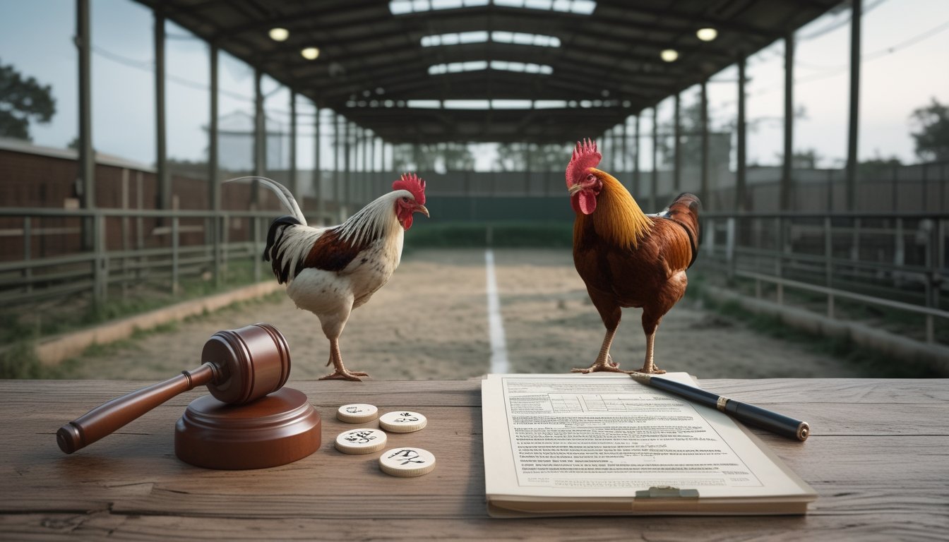 Arena sabung ayam yang kosong dengan dua ayam dalam kandang terpisah serta dokumen hukum dan palu hakim di meja.