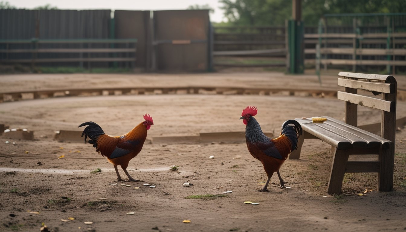Arena sabung ayam yang kosong dengan dua ayam, bangku penonton, dan beberapa keping uang di tanah.