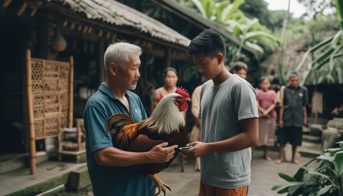 Seorang pria lanjut usia dan seorang pemuda mengamati ayam jantan di halaman desa.