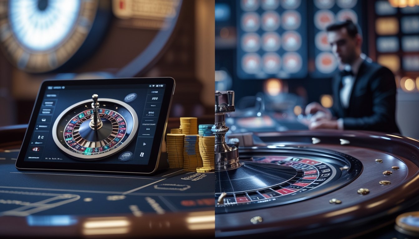 Seorang dealer berdiri di samping roda roulette, dengan tablet yang menampilkan permainan roulette digital.
