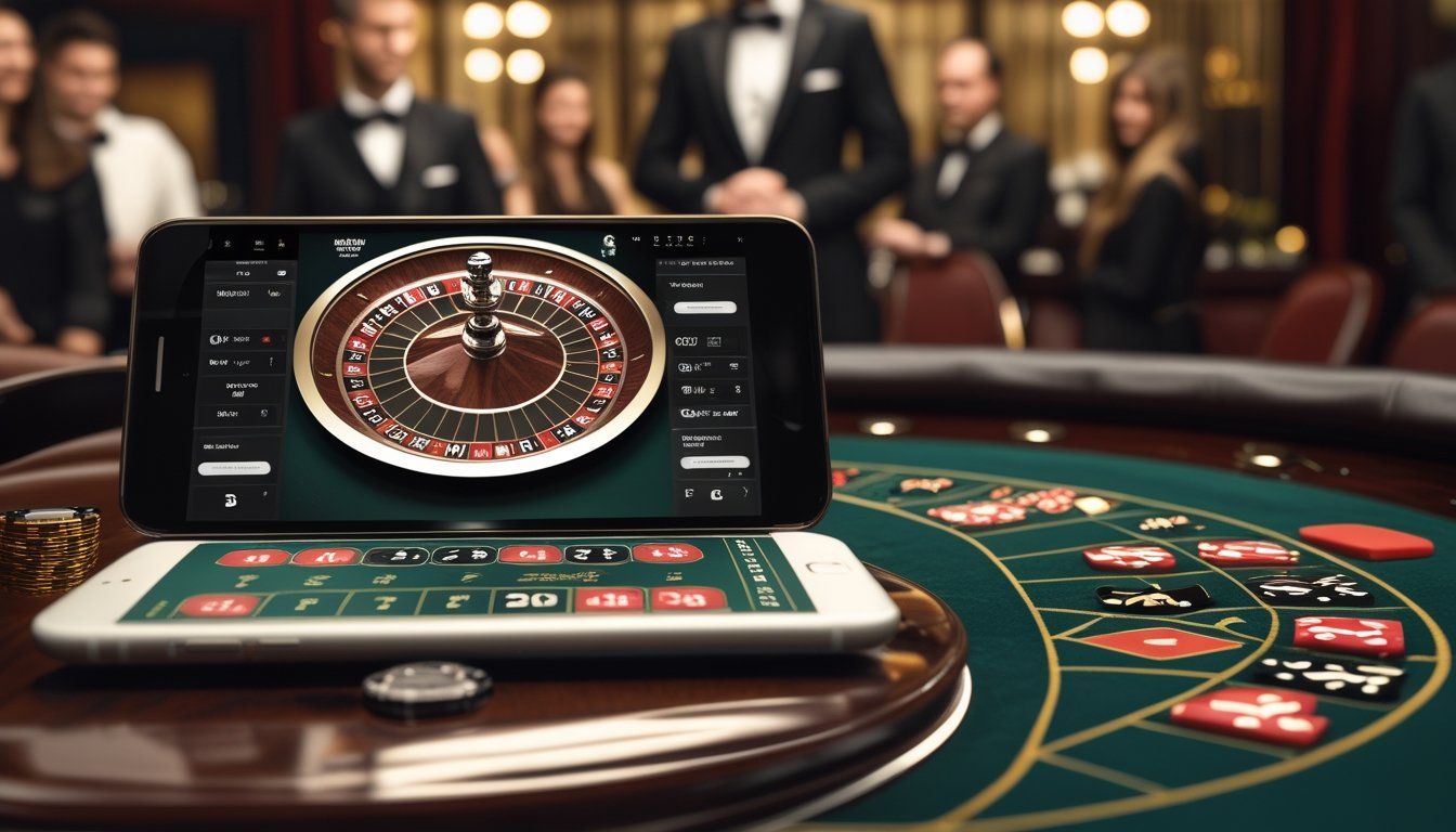 Perangkat digital menampilkan permainan rulet di samping roda rulet fisik dengan dealer.