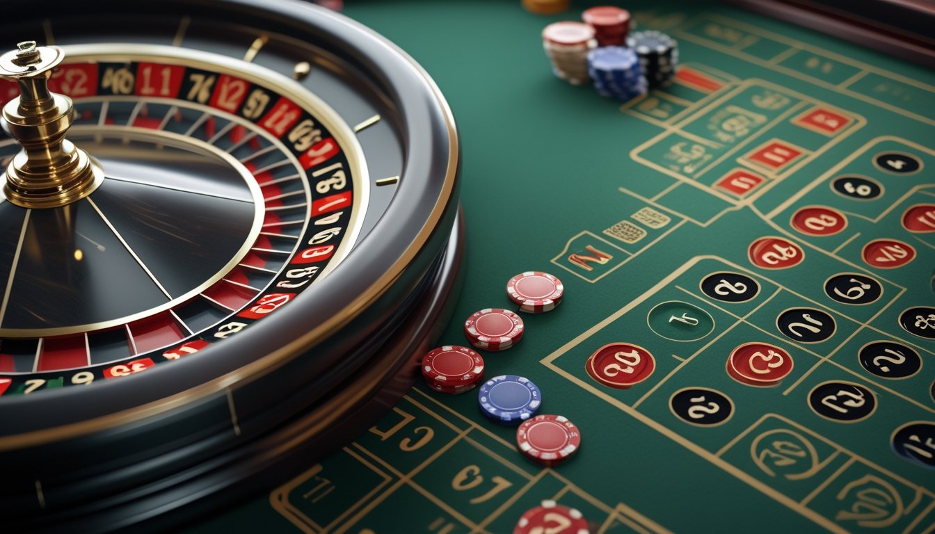 Meja roulette hijau dengan roda, tata letak kotak merah dan hitam, serta beberapa keping taruhan.