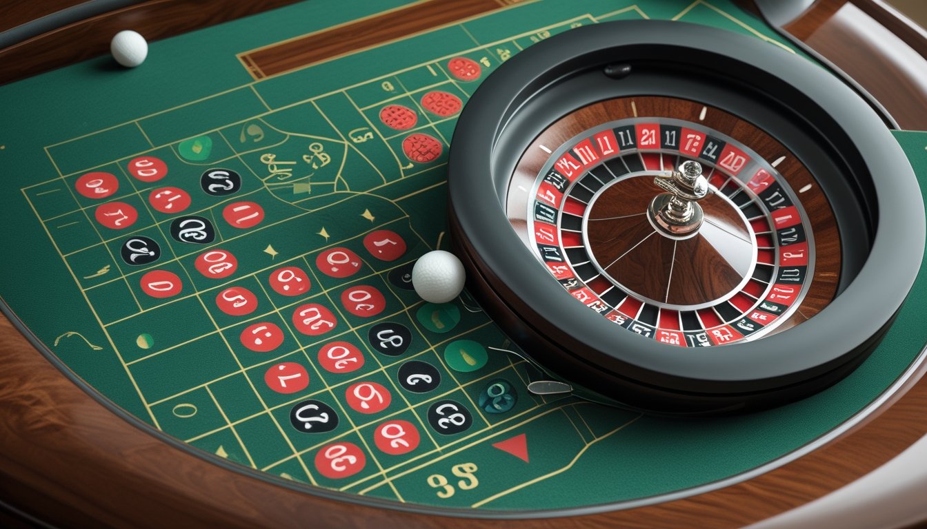 Meja roulette dengan roda dan tata letak taruhan di atas kain hijau.