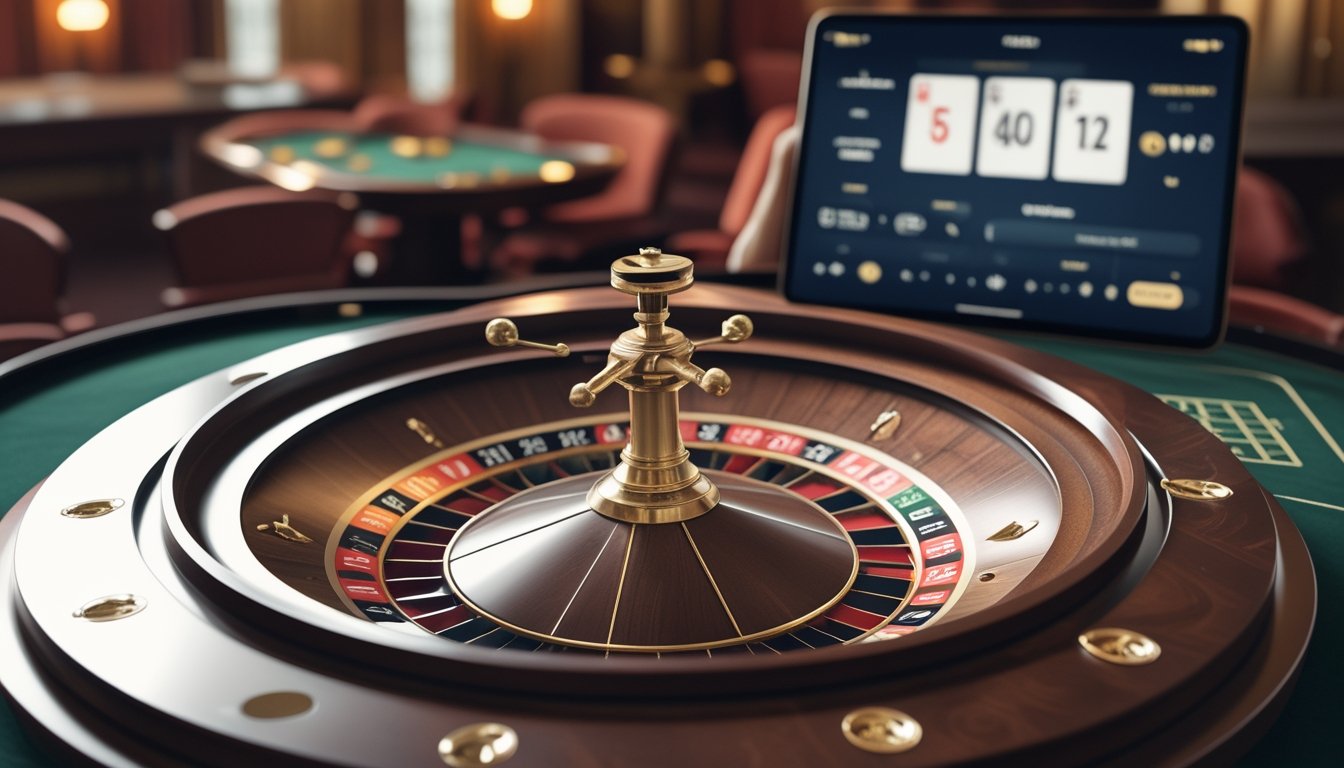 Roda roulette di meja kasino dengan tablet yang menampilkan permainan roulette.