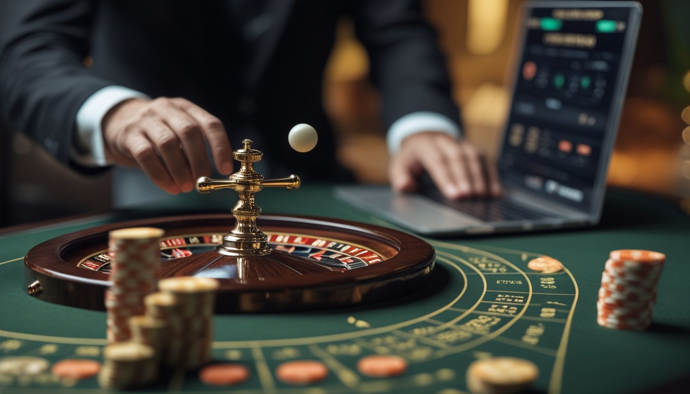 Sebuah roda roulette berputar dengan bola kecil dan keping taruhan di atas meja.