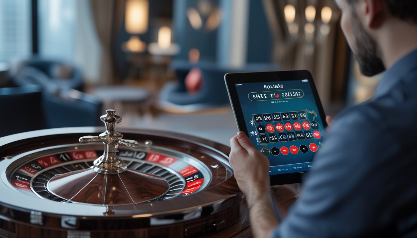 Roda roulette dengan bola kecil di meja, sementara seseorang menggunakan tablet di latar belakang.