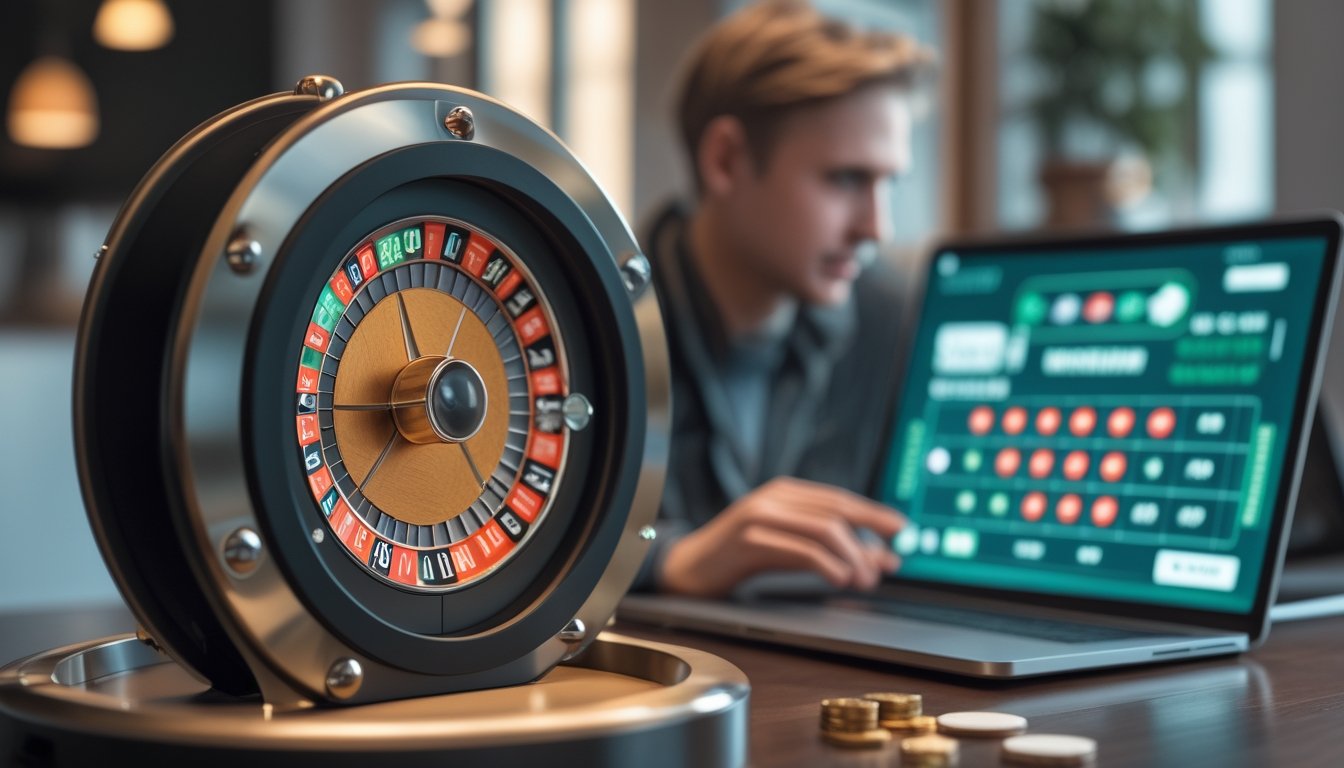 Roda roulette berputar di depan seseorang yang melihat permainan roulette di laptop.