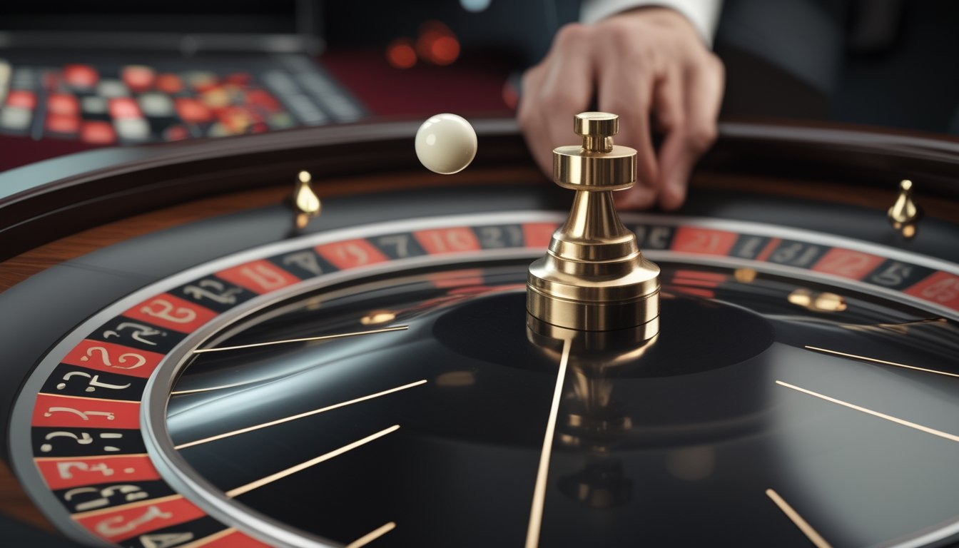 Bola roulette bergerak di tepi roda roulette yang sedang berputar.