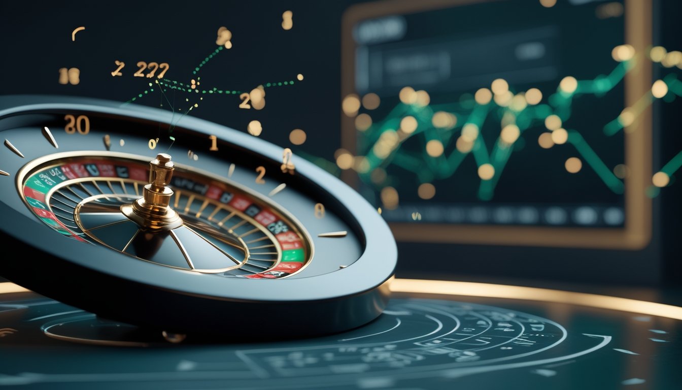Roda roulette di depan antarmuka digital dengan pola data abstrak.
